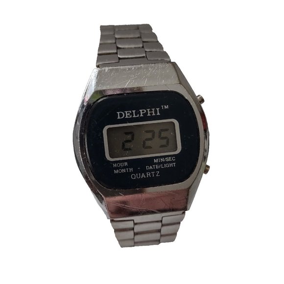 Vintage Delphi Wrist Watch Men Silver Black Digital Quartz Date Light Steel Band - Picture 1 of 13
